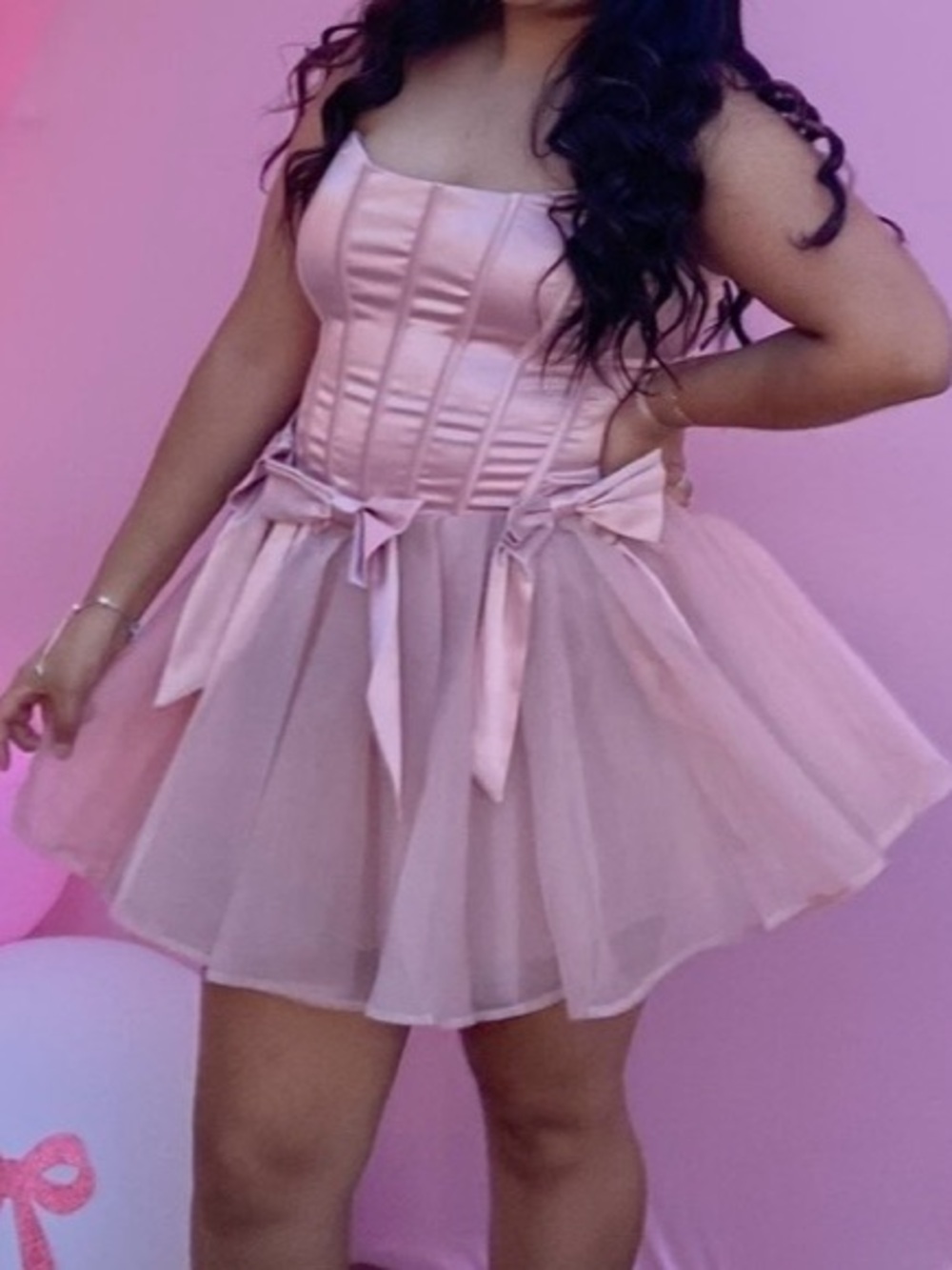 Windsor Pink Strapless Satin & Tulle Party Dress with Bows